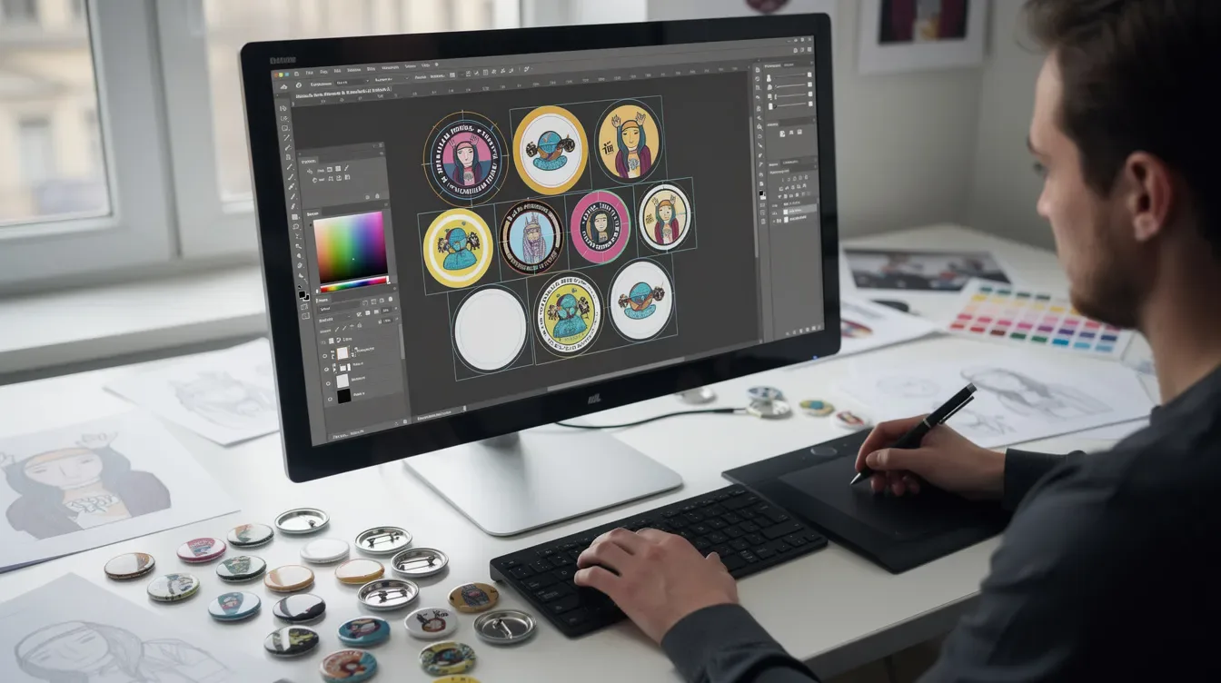 Designer preparing custom button artwork on a desktop computer with bleed guides and multiple button layouts visible on screen