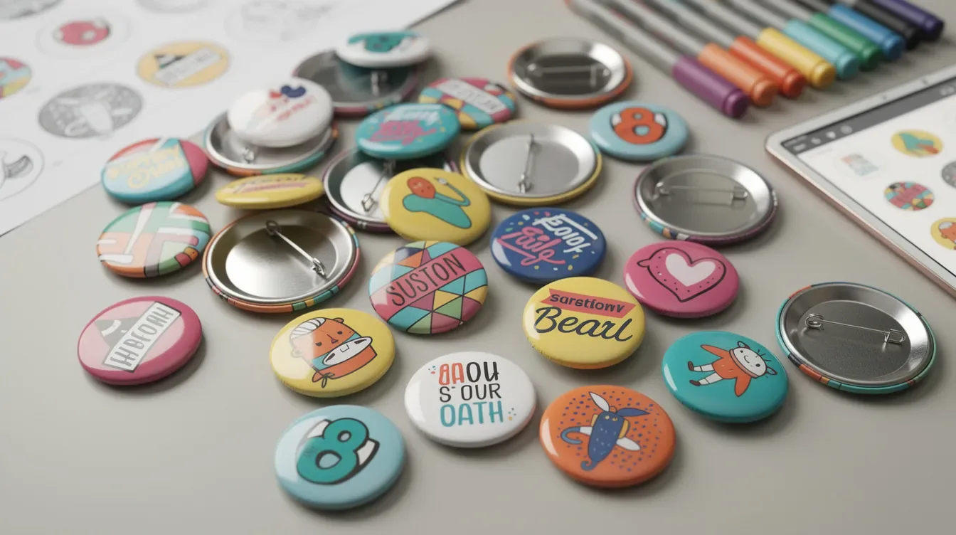 Colorful round custom pinback buttons scattered on a table, showing the variety of finished designs Copyland prints for custom button orders