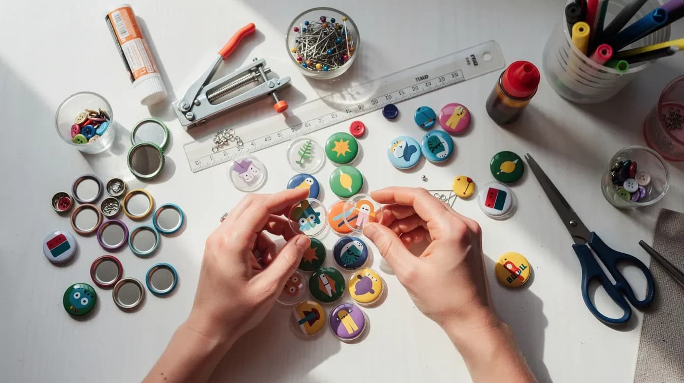 Hands arranging button-making supplies and colorful paper sheets on a worktable, illustrating materials used when preparing artwork for custom button production