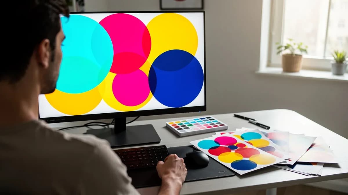 Designer reviewing circular button artwork on a computer screen with printed proof samples on the desk