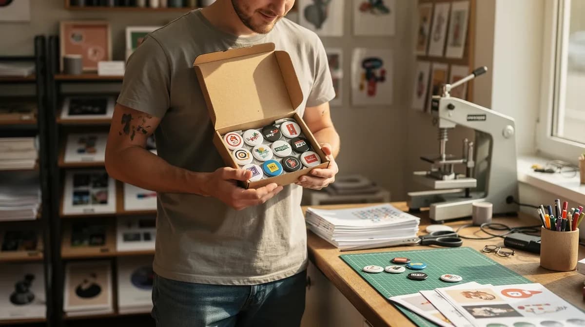 Customer collecting a box of finished custom buttons at a Copyland print shop counter