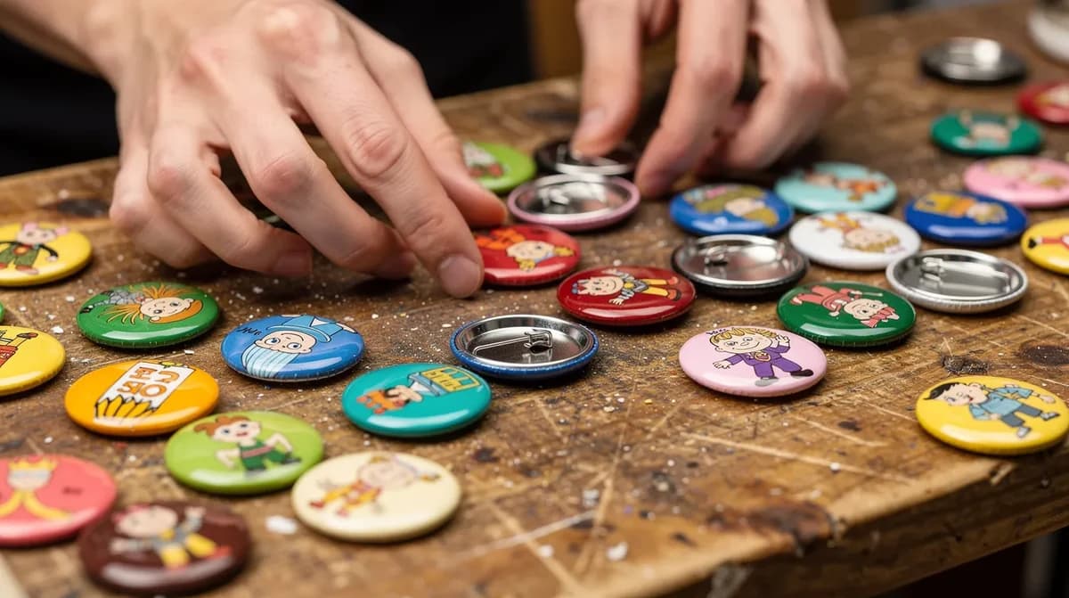 Colorful custom pinback buttons arranged on a production workbench showing the variety of designs Copyland prints for rush and standard orders