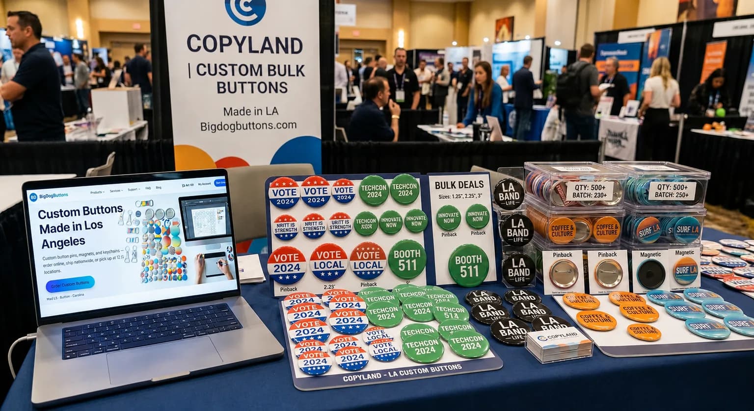 Bulk custom buttons displayed at a Copyland trade show booth with button samples, quantity containers, and online ordering on a laptop.