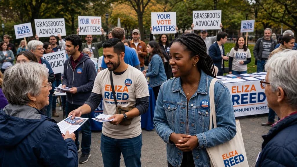 Campaign volunteers wearing custom political buttons at an outdoor canvassing event with signs, flyers, and branded tote bags.