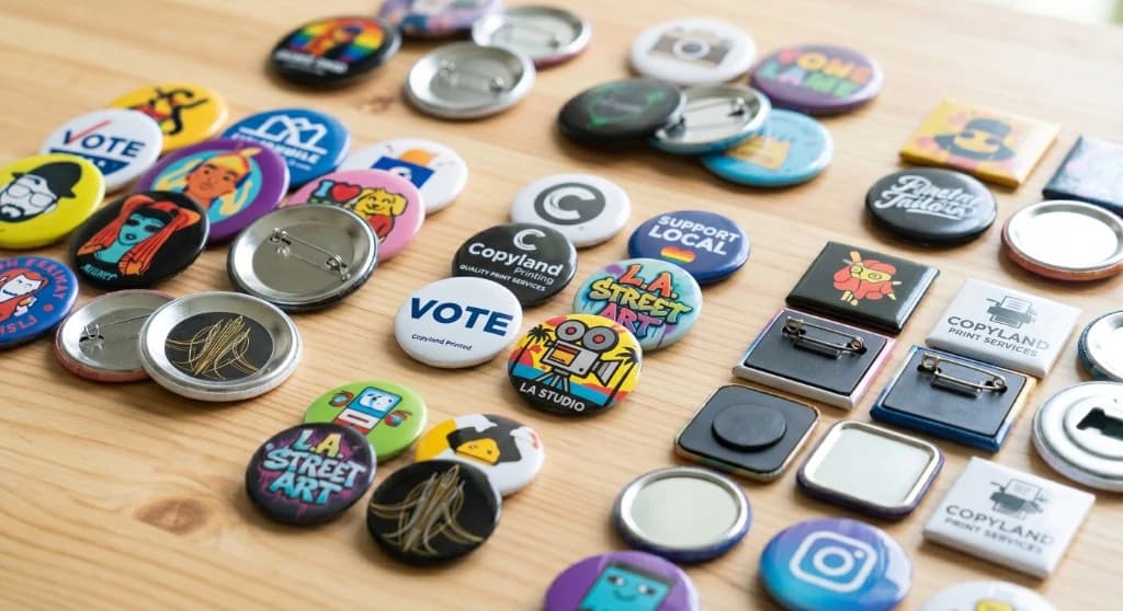 Custom buttons built by Copyland with pin-back button examples printed locally for online orders and local pickup.