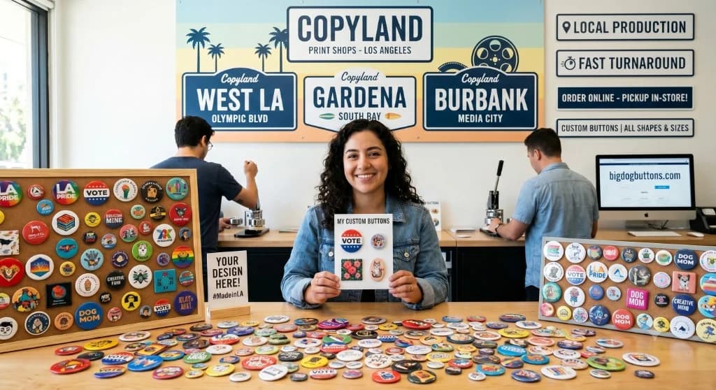 Copyland custom buttons in Los Angeles with examples of pin-back buttons made locally at West LA, Gardena, and Burbank print shops.