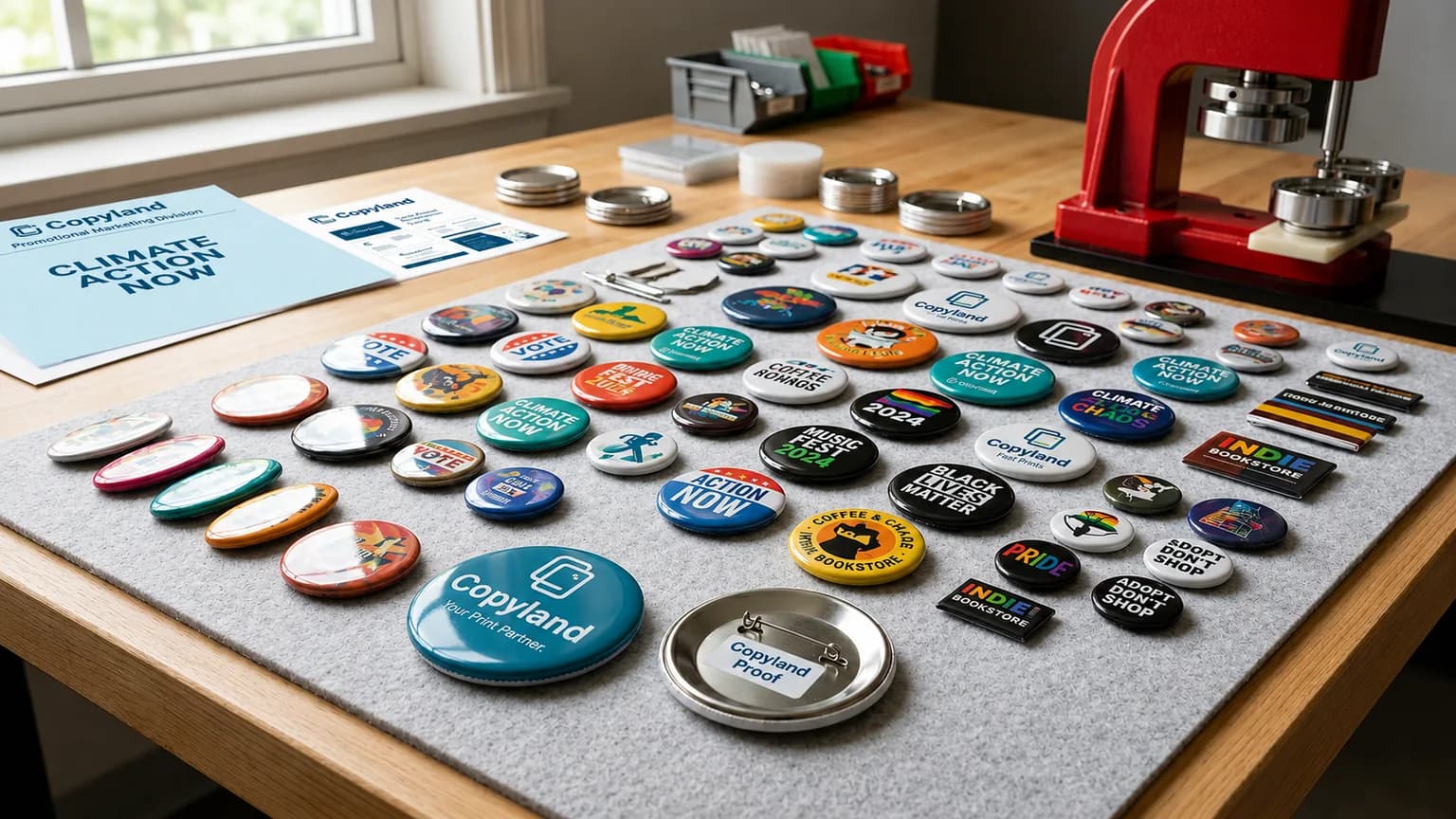 Custom pinback buttons produced by Copyland with colorful round, oval, and specialty button samples on a professional button-making workbench.