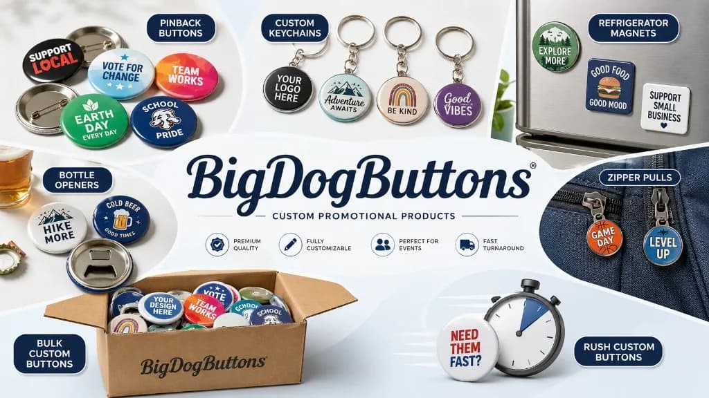 Personalized gifts in bulk from BigDogButtons including custom pinback buttons, keychains, refrigerator magnets, bottle openers, and zipper pulls.
