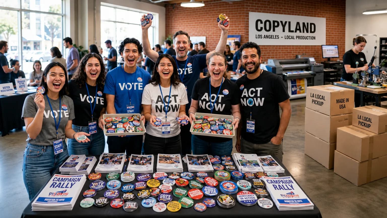Rush custom buttons produced by Copyland with campaign button samples, local pickup boxes, and a Los Angeles print shop production team.