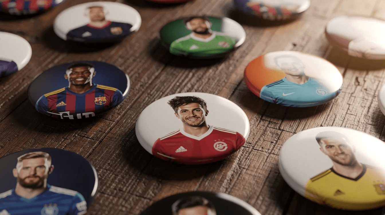 Round photo buttons with sports player headshots on a wooden table showing vibrant custom button artwork